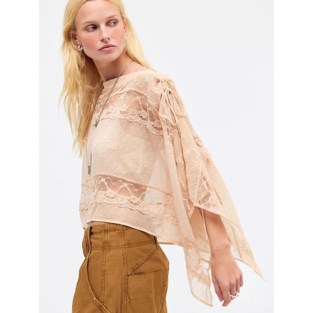 Free People Sofia Cape Blouse Top Sheer Floral Lace Embroidered Ruched M 290427